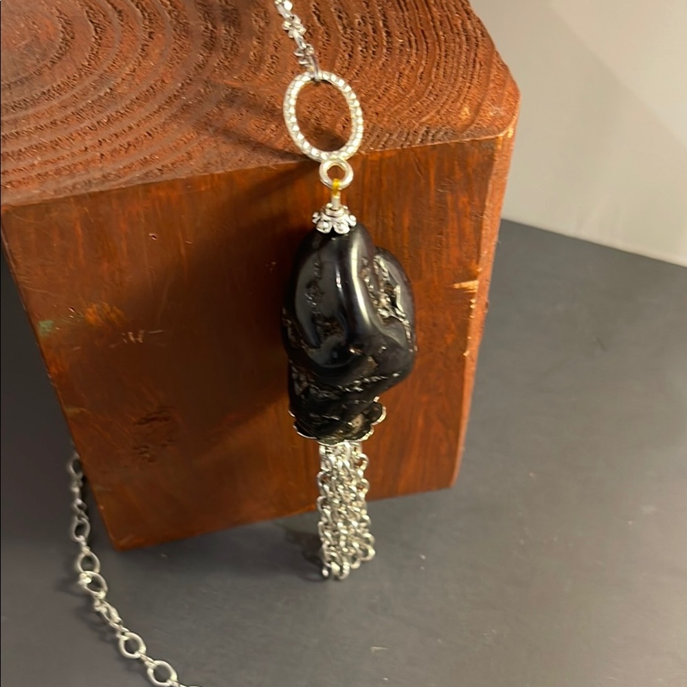 Elegant Black Amber and Silver Pendant Necklace NWOT